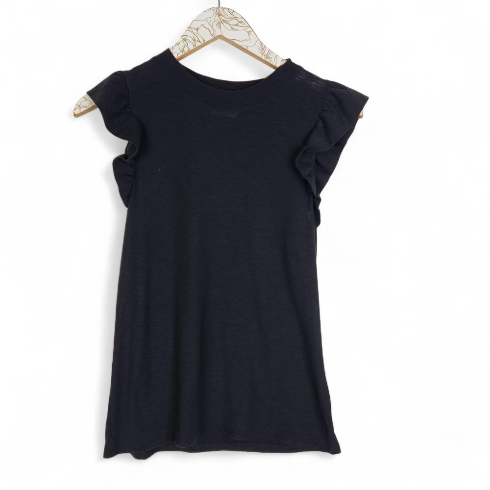 NATION LTD Shirt Womens XS Black Pima Cotton Flutter Ruffle Sleeve Crewneck